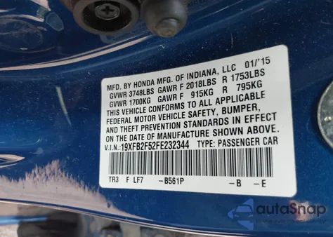 2015 Honda Civic Lx z USA, uszkodzony, nr VIN 19XFB2F52FE232344